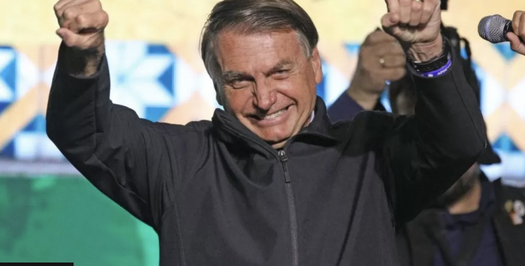 Jair Bolsonaro speaking to Brazilian expatriate supporters in Florida in June 2022