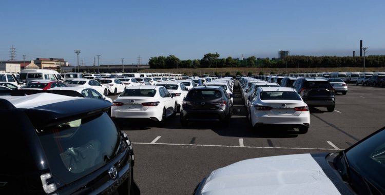 Toyota Motor Corp. vehicles bound for shipment at a port in Tokai, Aichi Prefecture, Japan, on Sunday, June 12, 2022. Toyota will hold its annual shareholders' meeting on June 15. Photographer: Akio Kon/Bloomberg