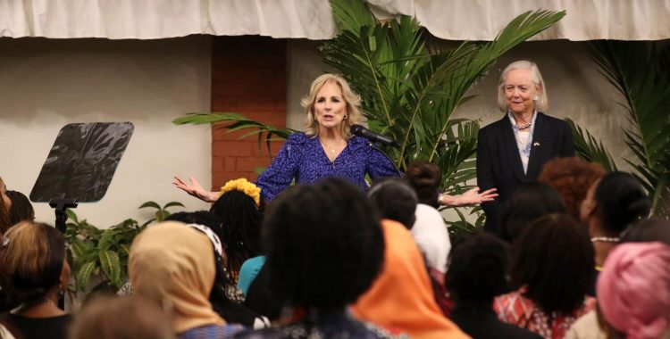 US First Lady Jill Biden gestures as she meets Kenya women leaders at the USA ambassadors residence in Nairobi, Kenya, on Friday.